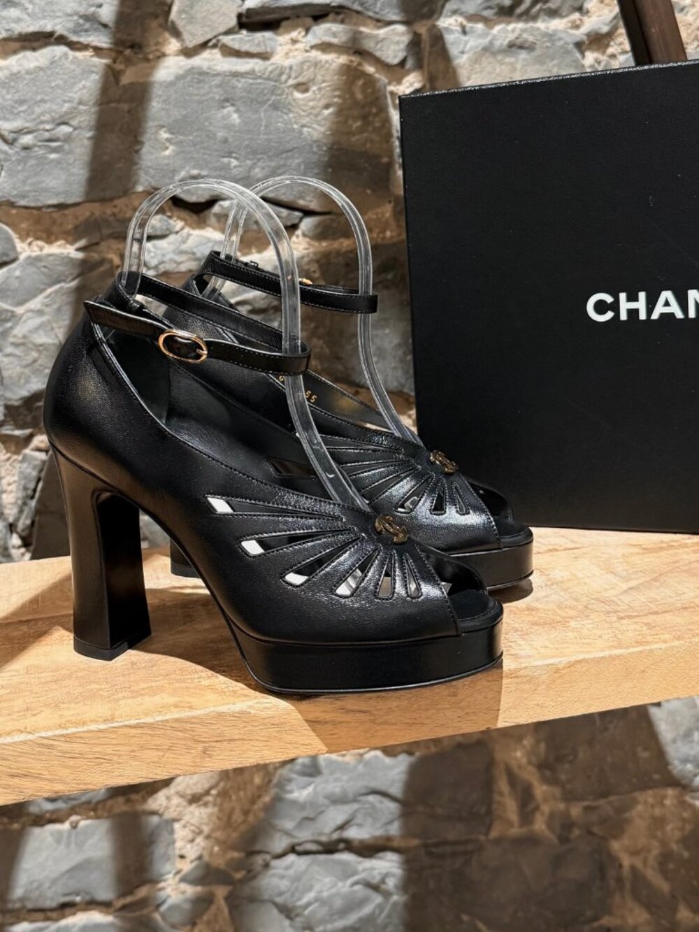 Chanel 2024 Black Platform Cut Out CC Open Toe Pumps
